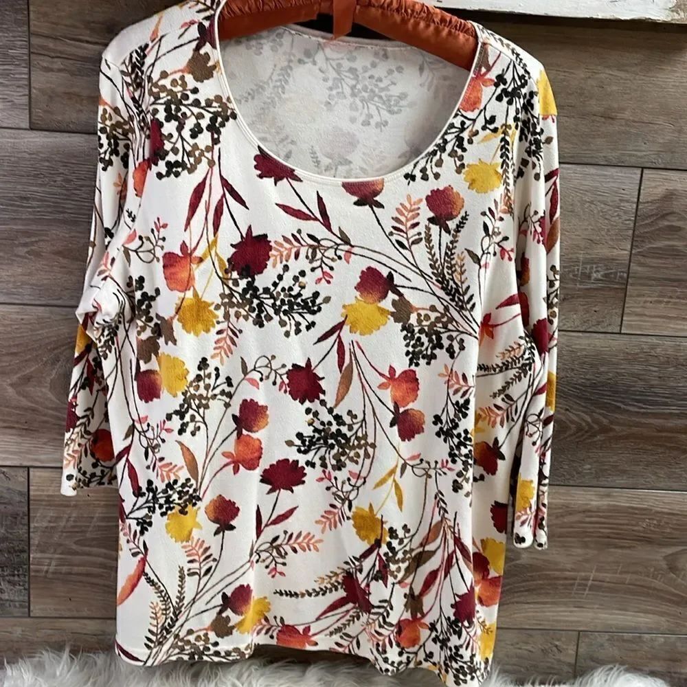 Women’s Plus Size Scoop Neck 3/4 Sleeve Fall Floral Top White Brown
